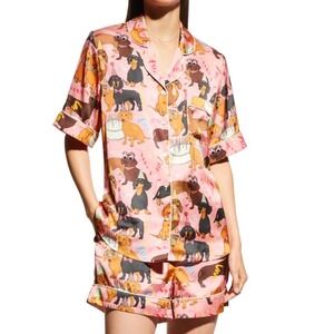 $135 Karen Mabon Hot Dog Birthday Satin Pajama Set Pink Dachshund Dog Print XL